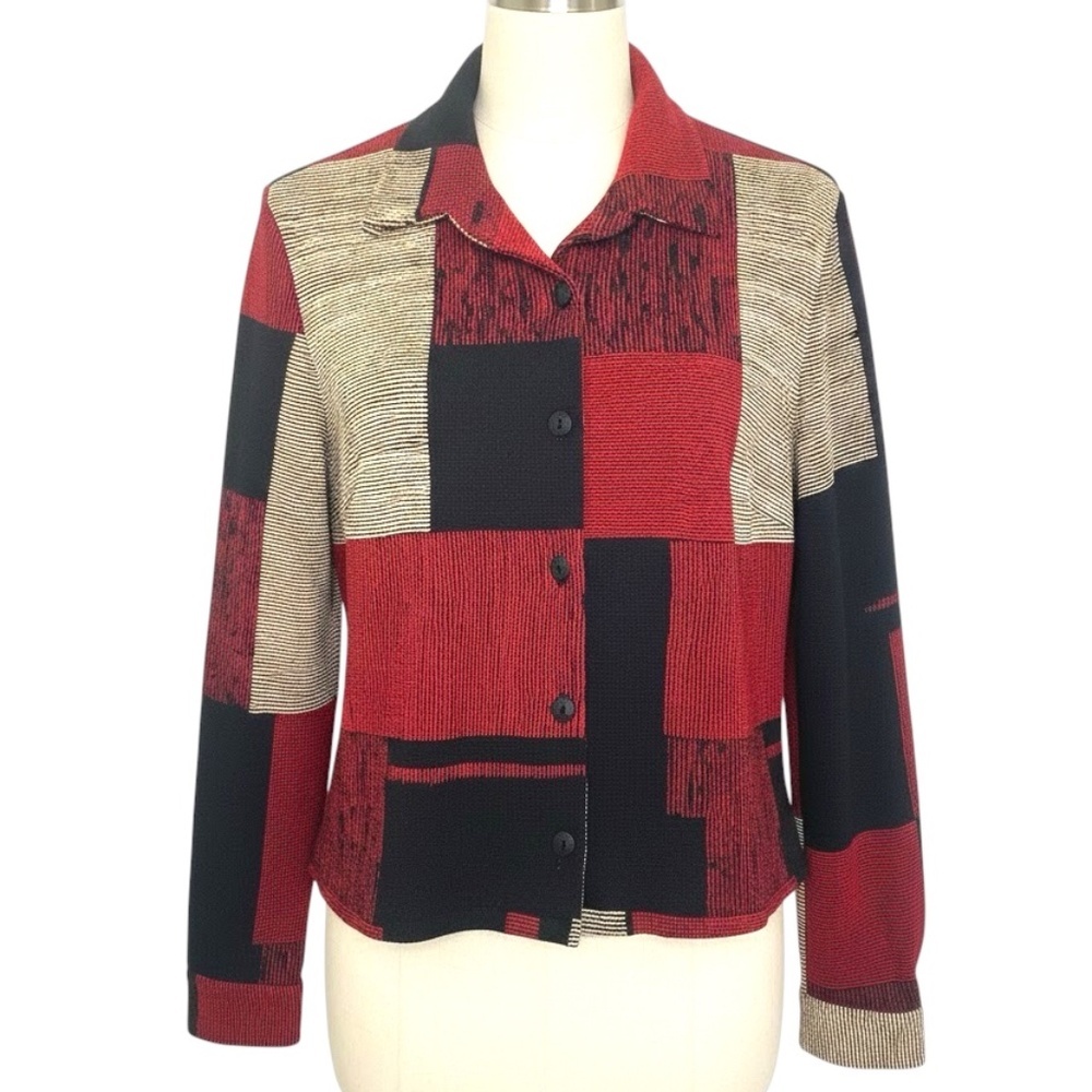VINTAGE M.P. Michael Phillips Patchwork Button Down Shirt Red Black Beige
